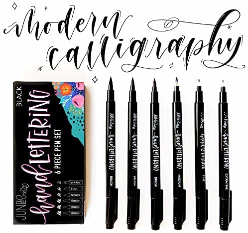 June & Lucy Brush Pens - Calligraphy Pens for Journaling with Black Ink 6 Piece Modern Hand Lettering and Modern Calligraphy Set for Beginners
