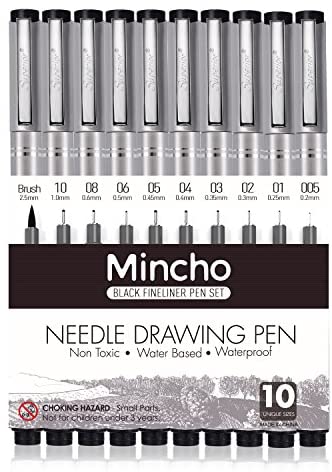 Mincho 8FWZ7GP Set of 10 Black Micro-Pen Fineliner Ink Pens