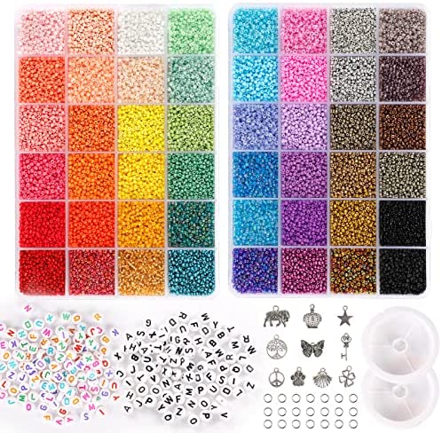 QUEFE 26400pcs 2mm Glass Seed Beads 24 Colors Small Beads Kit Bracelet Beads with 24-grid Plastic Storage Box for Jewelry Making