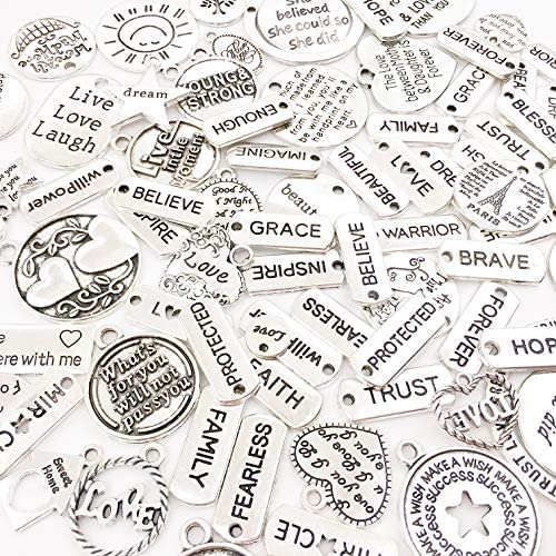 160 Pcs Inspiration Word Charms Pendants for Jewelry Making Mixed Engraved Motivational Charms Pendants Silver Keychain Charms Bracelet Charms Bulk