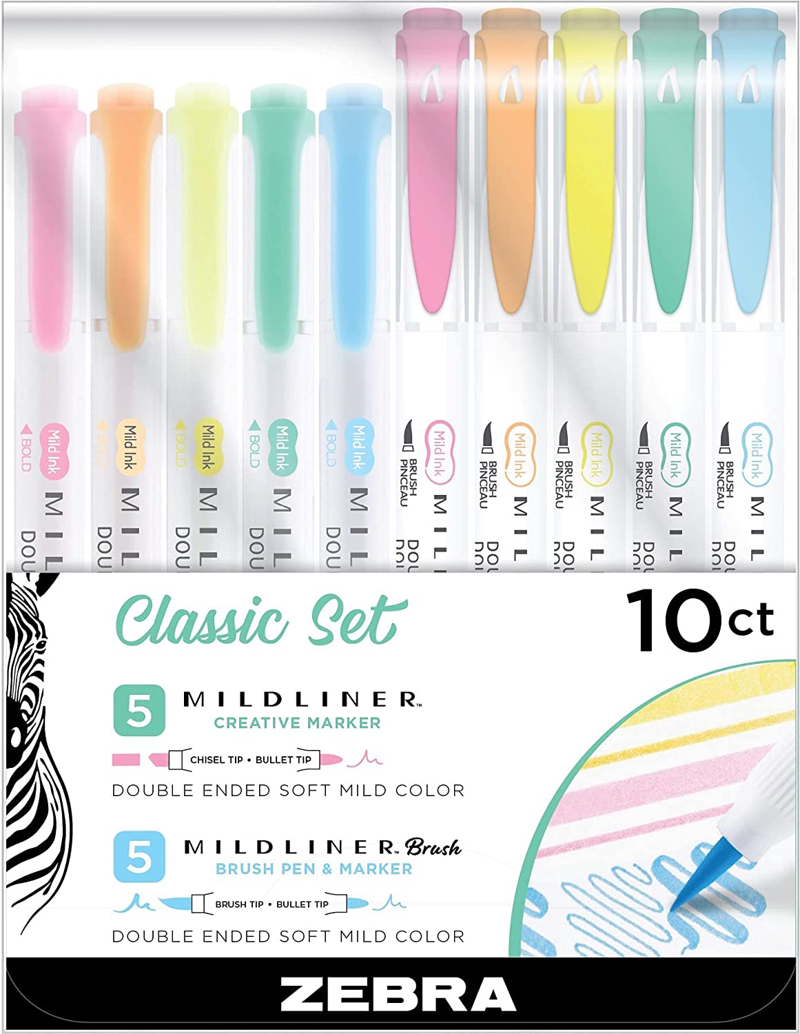 Zebra Mildliner Double Ended Brush Set, Fine and Broad Pen Tips,  Multi-Color, 10 Pack 