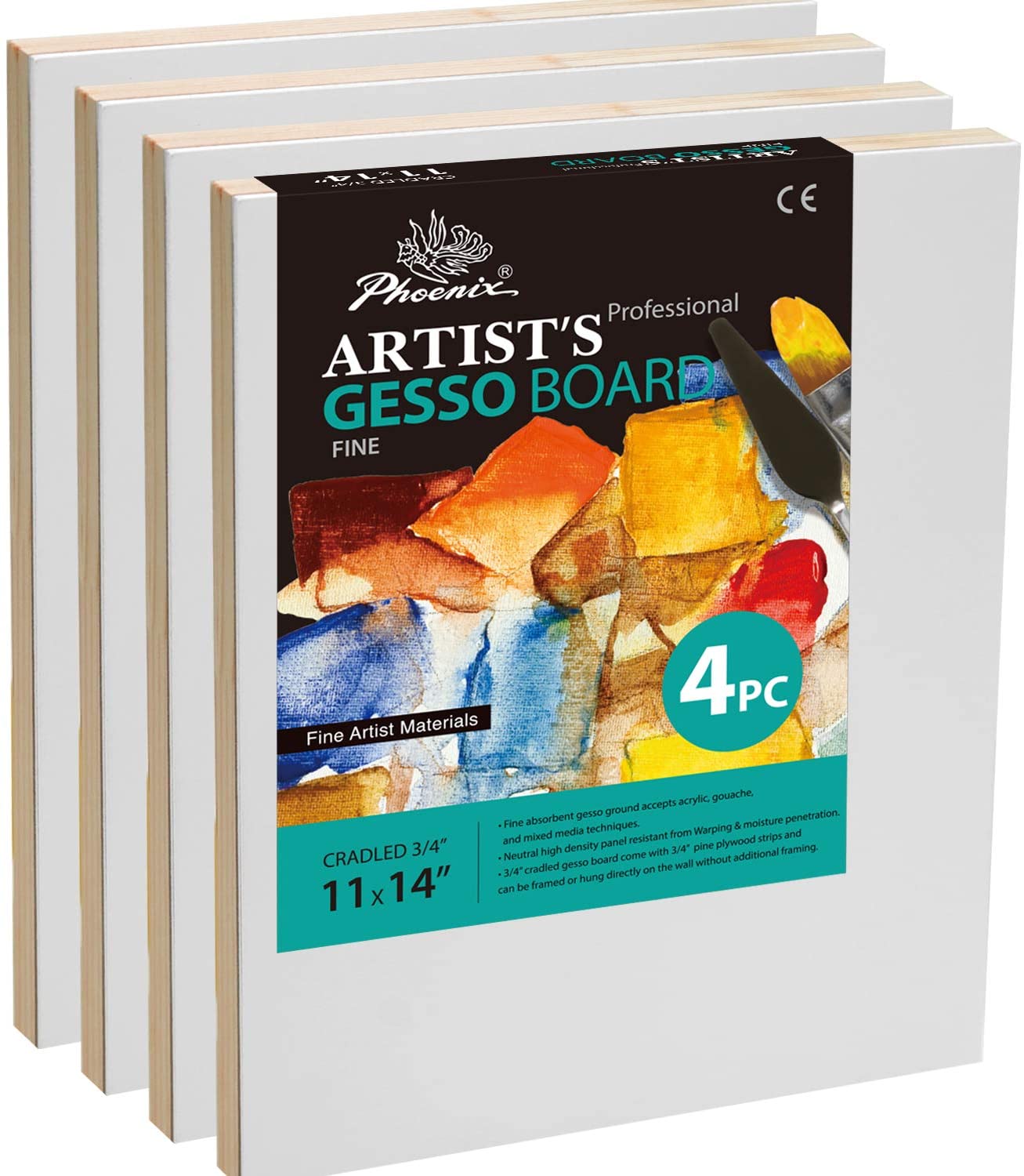  PHOENIX Gesso Boards for Painting - 11x14 Inch / 4 Pack -  Coarse Surface 3/4 Inch Cradled Wood Panels for Oil & Acrylic Paints,  Crafts & Pouring Art