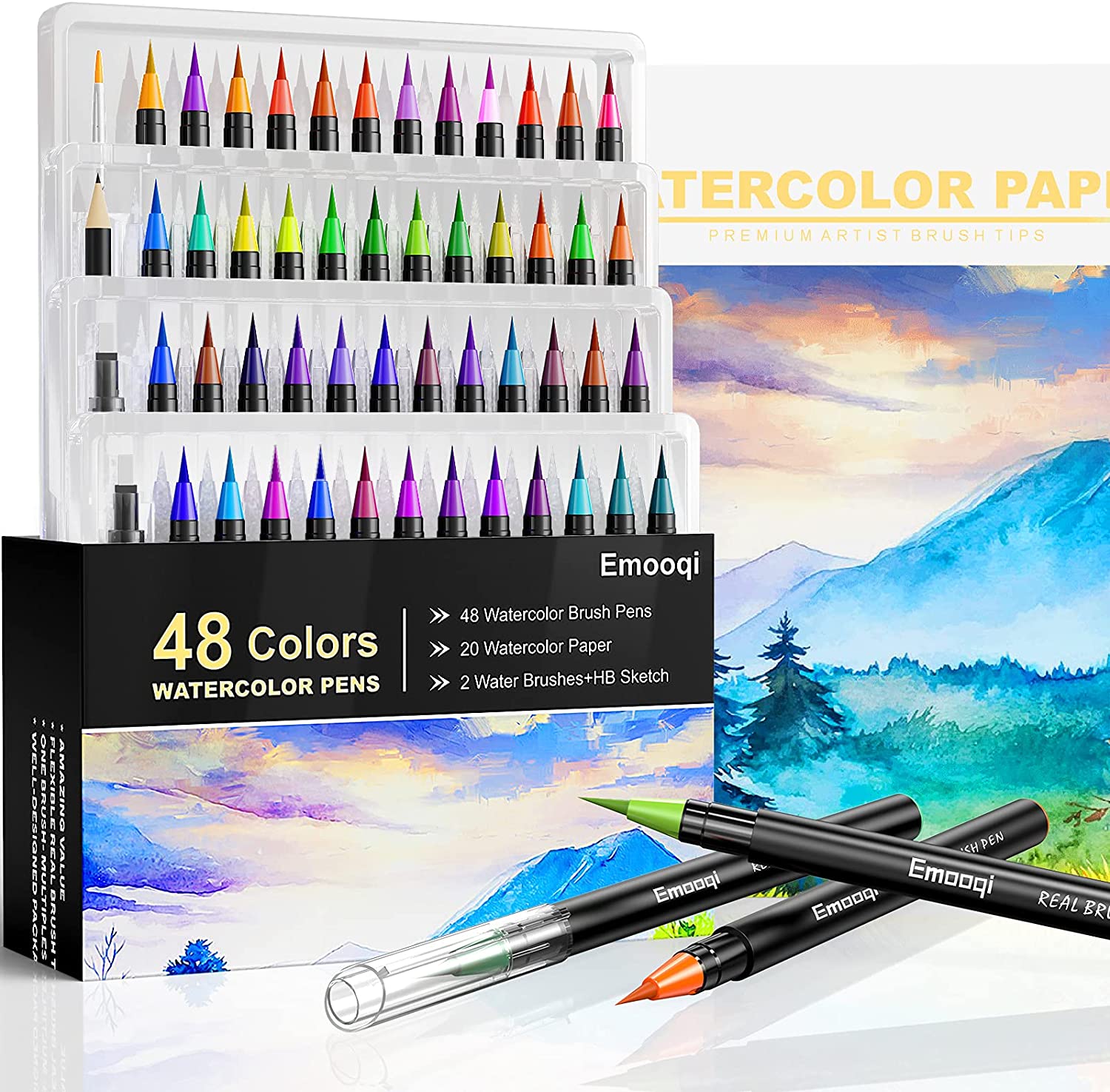 Emooqi Watercolor Brush Pens, 48 Color Watercolor Pen set with 20