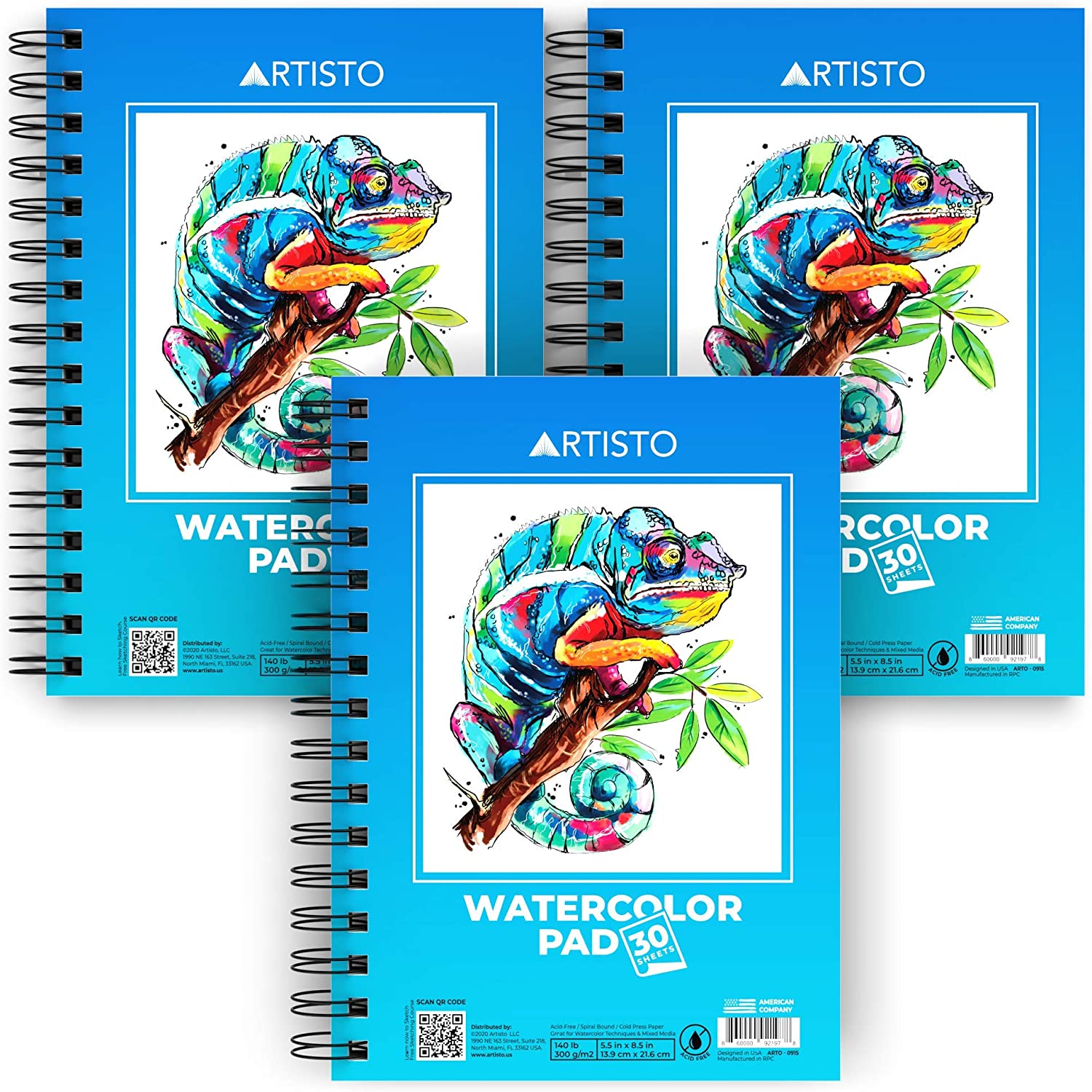 Artisto Watercolor Pads 5.5X8.5”, Pack of 3 (90 Sheets), Spiral Bound, Acid-Free Paper, 140lb (300Gsm), Perfect for Most Wet & Dry Media, Ideal for