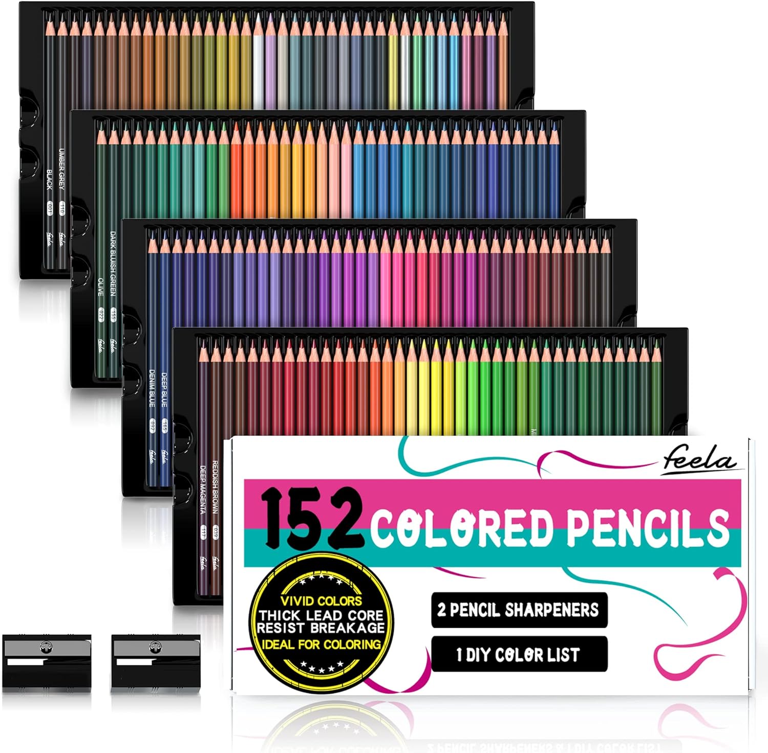 feela 152 Colored Pencils with Pencil Sharpener Premium Soft Core