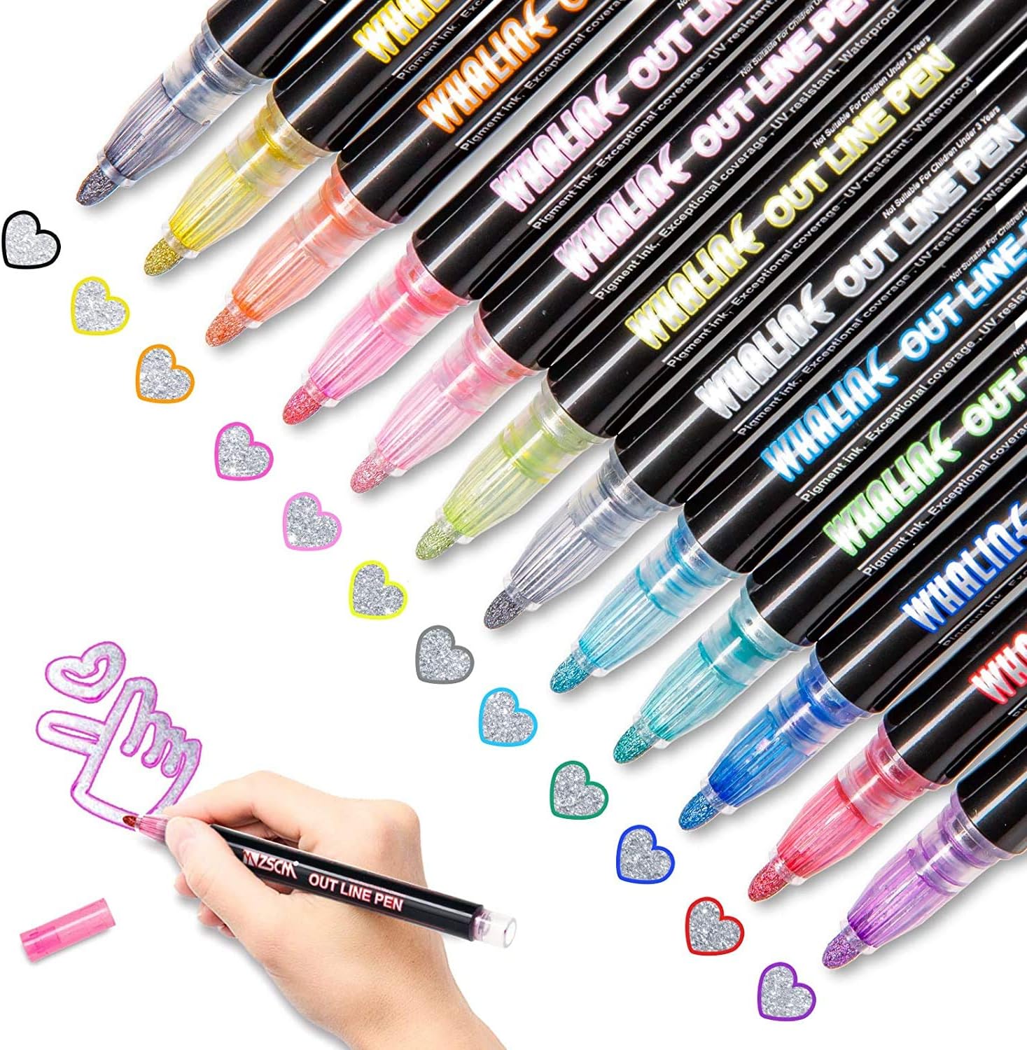 Whaline Double Line Outline Pens, 12 Colors Self-Outline Metallic