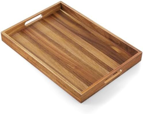 17 Inch Acacia Wood Serving Tray with Handles - Large Wooden Tray for Ottoman